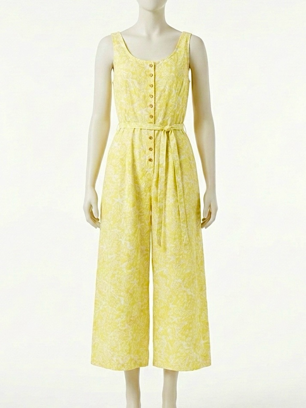 Yellow White Starfish Print Jumpsuit Pockets Smocked XL Cotton Flax Blend Summer